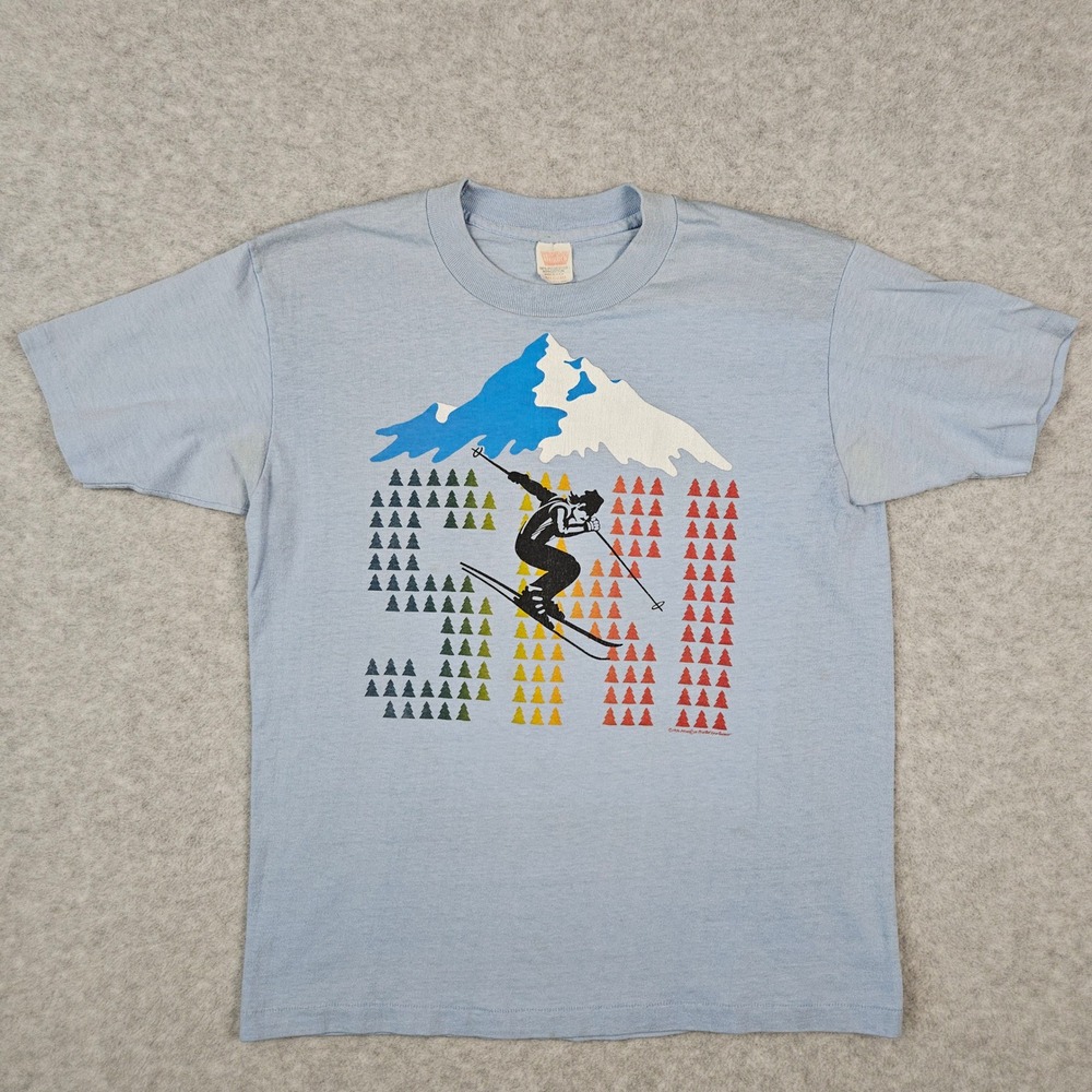 Vintage Wrights Men's Medium Blue T-Shirt Skiing Mountain Graphic USA Paper Thin